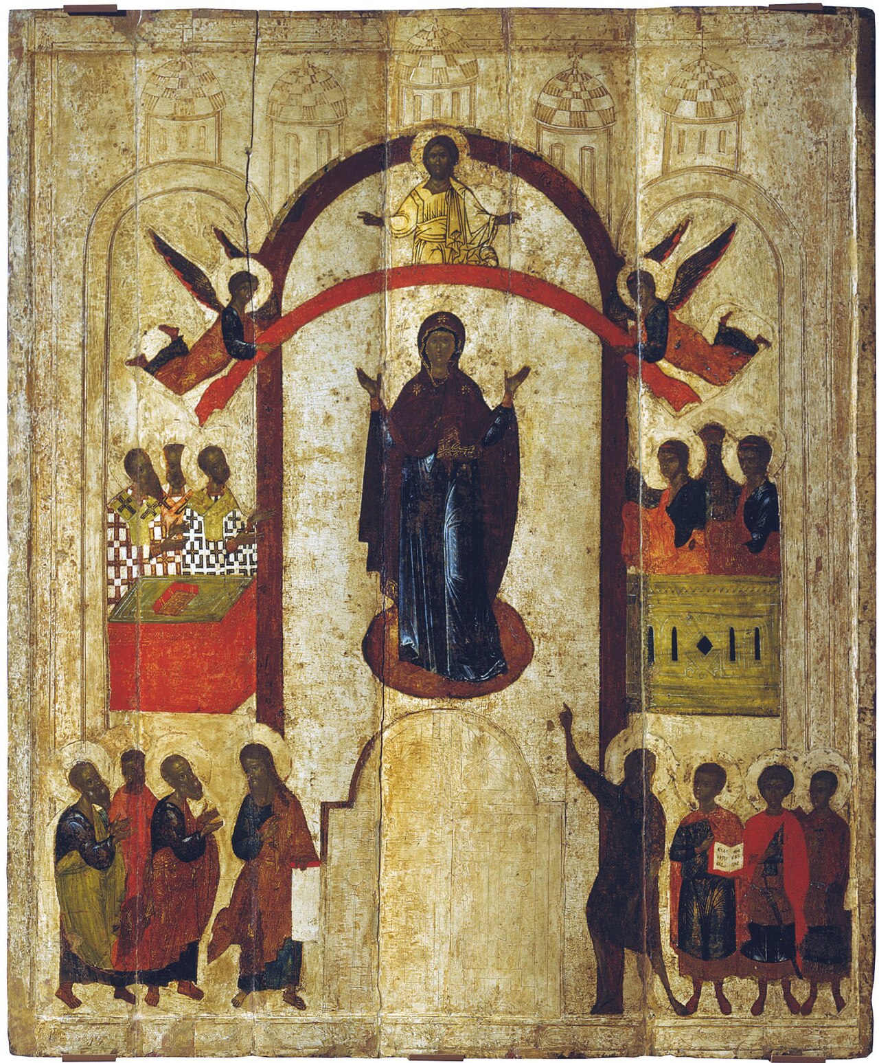 Icono ruso del Pokrov de 1399: la Madre de Dios extiende su velo sobre los fieles reunidos en una iglesia