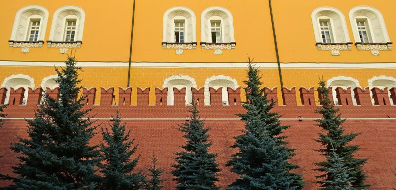 La muralla roja del Kremlin vista desde los Jardines de Alejandro, con césped y árboles
