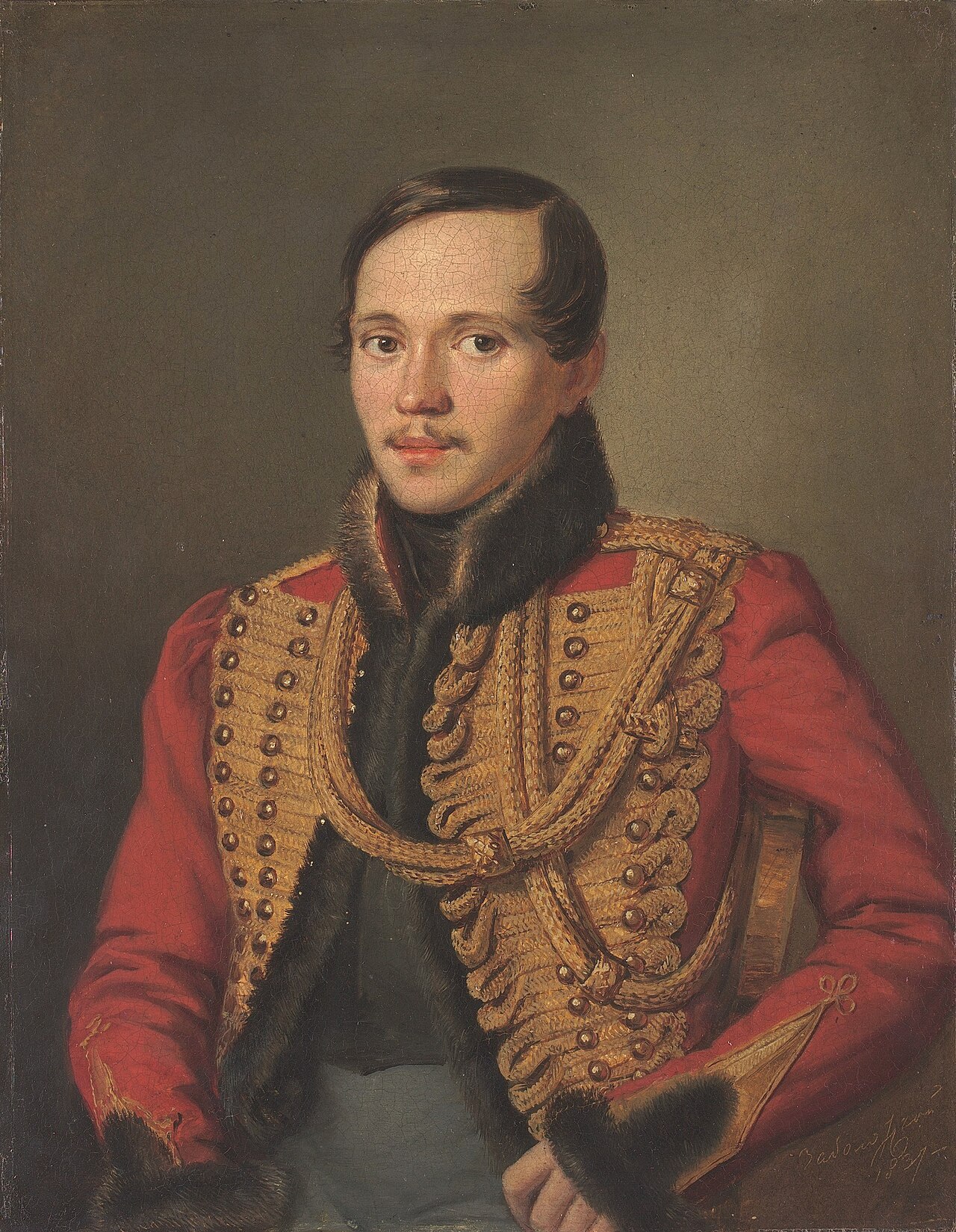 Retrato al óleo de Mijaíl Lérmontov con el uniforme de dragones, obra de Piotr Zabolotski