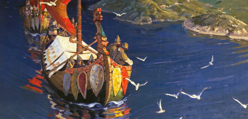 Pintura Huéspedes de ultramar (1901) de Nikolái Rérij: barcos varegos junto a una costa de la Rus antigua